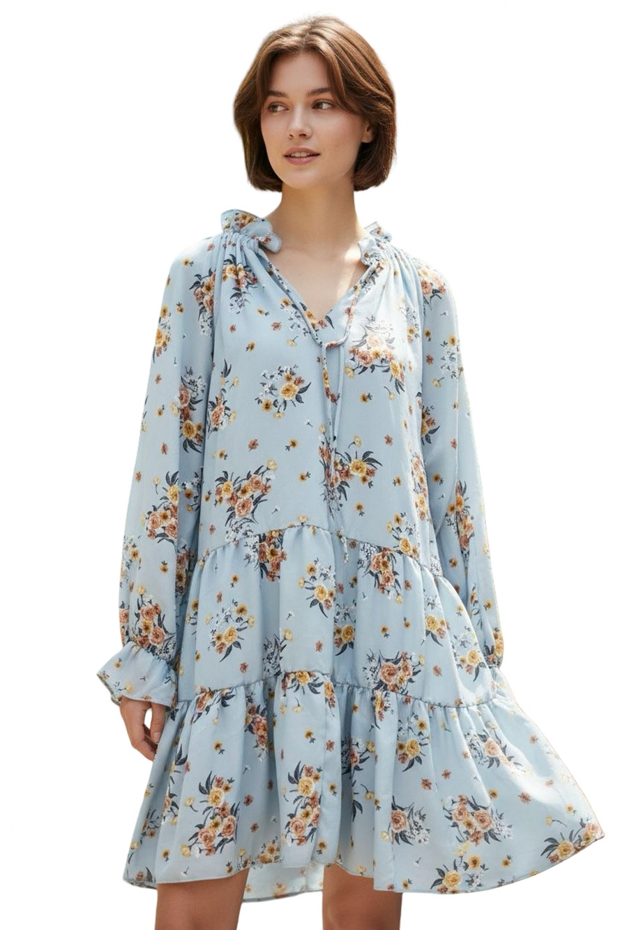 Altard State Light Blue Long Sleeve Peasant Swing Style Loose Fit Dress Floral M